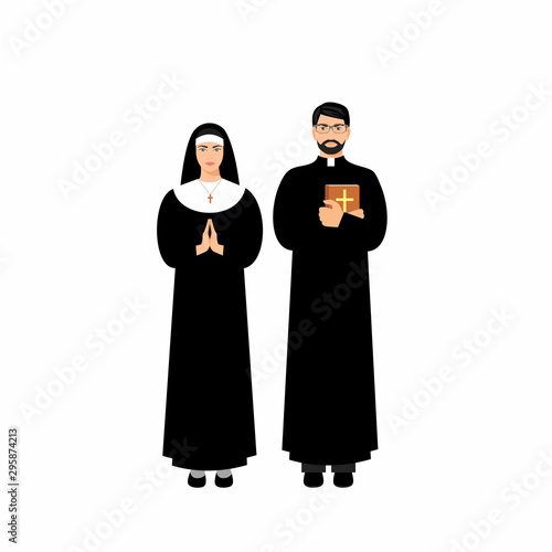 Vector Catholic priest and nun. christian  man and woman. Priest holds a bible
