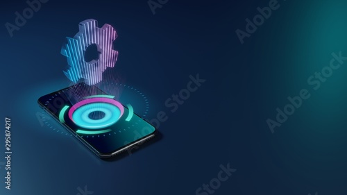 3D rendering neon holographic phone symbol of cogwheel icon on dark background