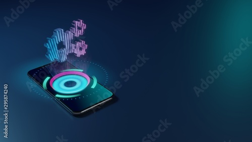 3D rendering neon holographic phone symbol of cogwheels icon on dark background