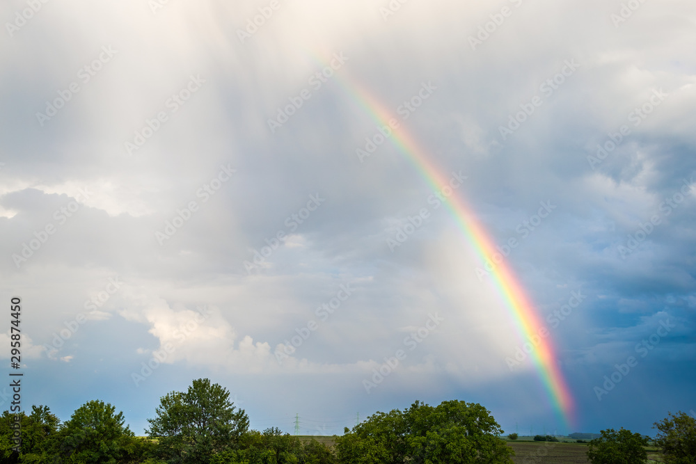 Rainbow over trees and agricultural fields with cloudy sky in background Rainbow over trees and agricultural fields with cloudy sky in background