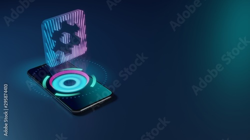 3D rendering neon holographic phone symbol of cogwheel in square icon on dark background