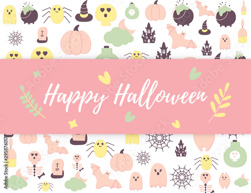 Happy Halloween cute poster with Helloween party icons and text. Pastel Pink Blue color Halloween scary ghost, pumpkin, haunted house, bat, tomb, skull, spider net. Seasonal.