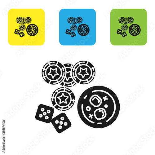 Black Casino chips, game dice and glass of whiskey with ice cubes icon isolated on white background. Casino poker. Set icons colorful square buttons. Vector Illustration