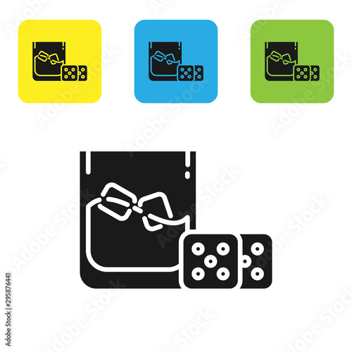 Black Game dice and glass of whiskey with ice cubes icon isolated on white background. Casino gambling. Set icons colorful square buttons. Vector Illustration