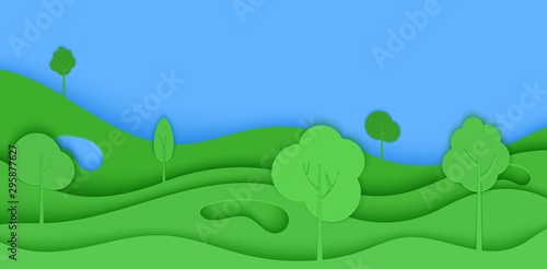 Abstract green flyer in cut paper style. Cutout trees grass wave and blue sky template for save Earth posters, ecology brochures, presentations, invitations with place for text .Vector illustration.