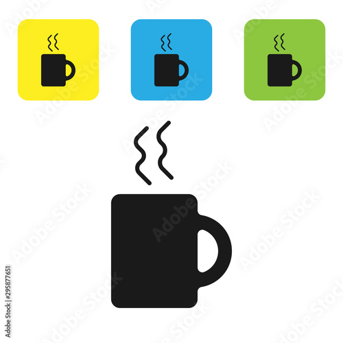 Black Coffee cup icon isolated on white background. Tea cup. Hot drink coffee. Set icons colorful square buttons. Vector Illustration