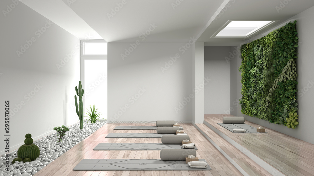 Empty yoga studio interior design, open space with mats, pillows and  accessories, parquet, vertical garden and succulent plants with pebbles,  ready for yoga practice, meditation room Stock Illustration