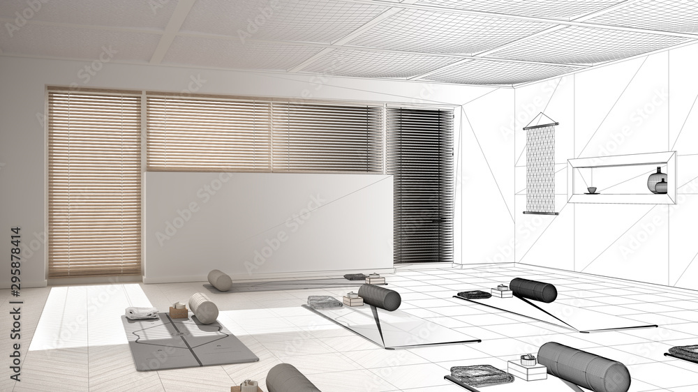 Architect interior designer concept: unfinished project that becomes real, empty yoga studio design, open space with mats and accessories, ready for yoga practice, meditation room