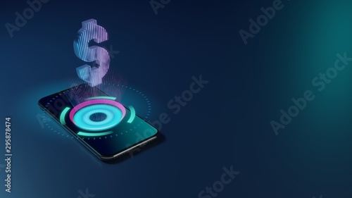 3D rendering neon holographic phone symbol of dollar icon on dark background