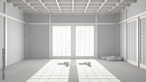 Total white project draft of empty yoga studio interior design  open space with mats  pillows and accessories  tatami  futon  wooden roof  ready for yoga practice  meditation room