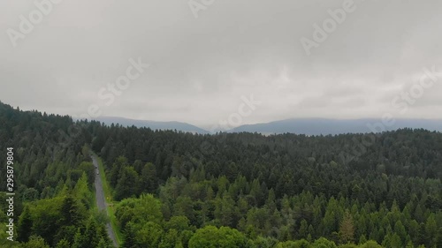 Aerial of mountain wood, cars driving along the road through forest photo