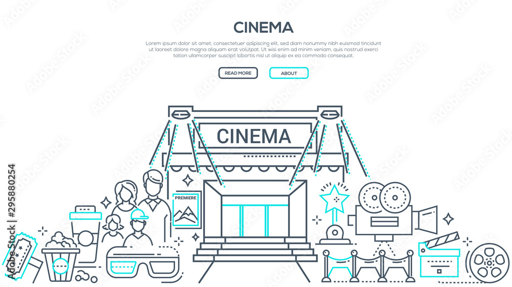 Visiting cinema linear vector landing page template