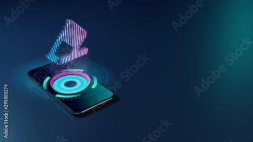 3D rendering neon holographic phone symbol of eraser icon on dark background