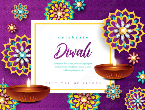 Happy Diwali Festival Design. Beautiful Indian Flower with Diya Oil Lamp Design. The Festival of Lights.