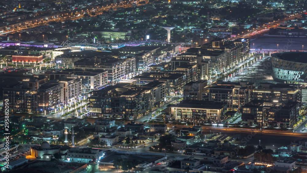 Fototapeta premium Dubai City Walk aerial timelapse, travel and leisure venue in Dubai downtown