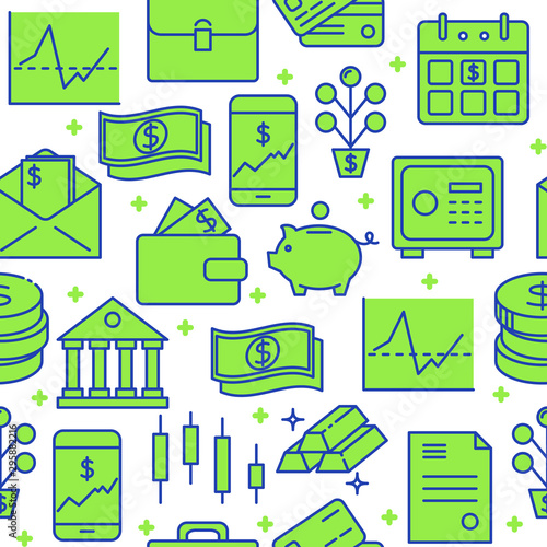 Finance and money seamless pattern in colored line style