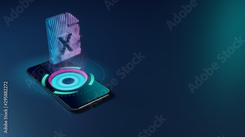3D rendering neon holographic phone symbol of file excel icon on dark background