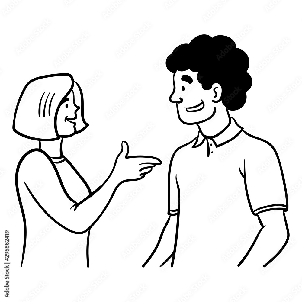 Man and woman talk excitedly and gesticulate with their hands. outline, comic illustration, vector. Man and woman talk excitedly and gesticulate with their hands. outline, comic illustration, vector.