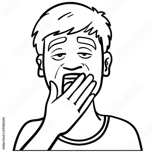 Upper body of a boy who is tired, yawns and holds his hand over his mouth. outline, comic, illustration, boredom.