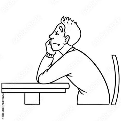 boy sits at the table and looks very bored. schoolchild, side view, outline, vector, illustration.