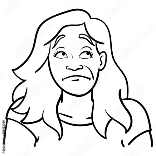 outline drawing of a woman with long hair who looks up bored. comic, vector, illustration.