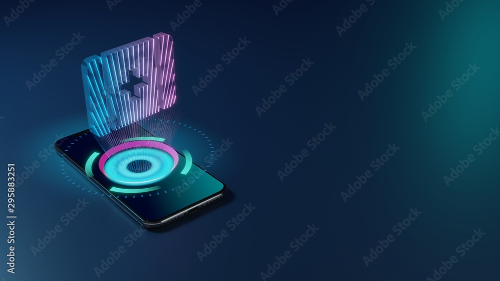 3D rendering neon holographic phone symbol of first aid icon on dark background