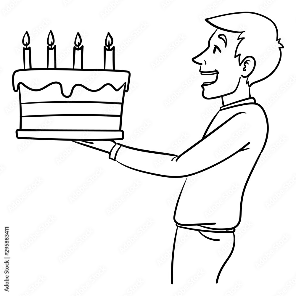 Comic drawing of a man from the side holding a birthday cake in his hands.  gift, vector, candles, party, woman, cartoon, monochrome. Stock Vector |  Adobe Stock