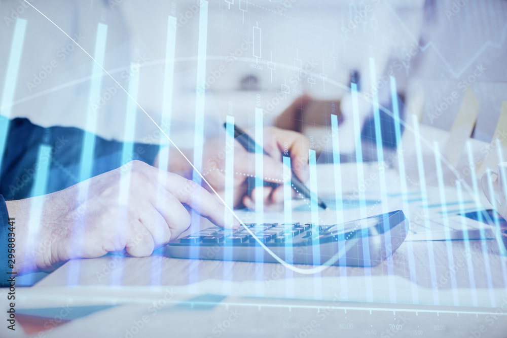 Financial trading graph double exposure with man desktop background. Financial trading graph double exposure with man desktop background.