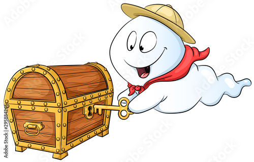 Niedlicher Geist mit Schatztruhe - Vektor-Illustration