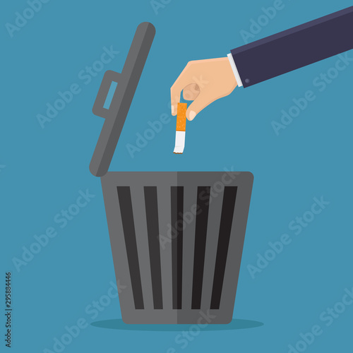 Stop smoking, throw cigarettes in the trash with blue background flat design vector illustration