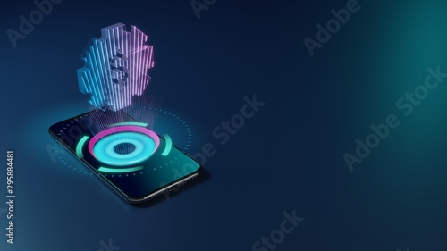 3D rendering neon holographic phone symbol of gear icon on dark background