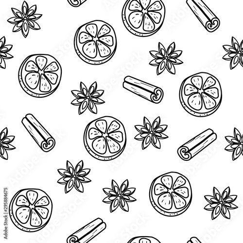 illustration seamless christmas pattern of mandarin orange slices, cinnamon and anise flower. black lines on a white background. for design, print, paper, fabric, banners. Vector graphics