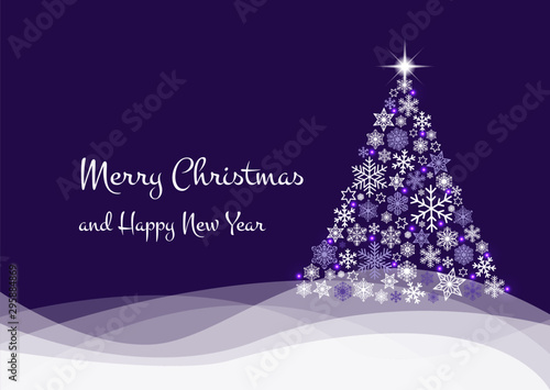 Merry Christmas greeting card postcard christmas tree made from various white snowflakes, stars and bright lights on wavy hills on violet background. Vector EPS 10 illustration for Holiday designs