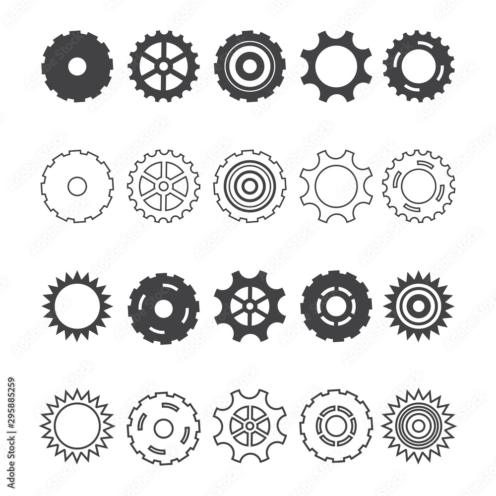 Set with gears. The contours and silhouettes of the gears. Vector illustration isolated on white background for design and web.