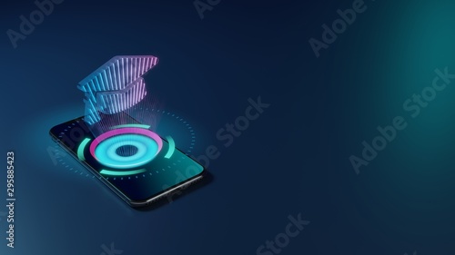 3D rendering neon holographic phone symbol of graduation cap icon on dark background