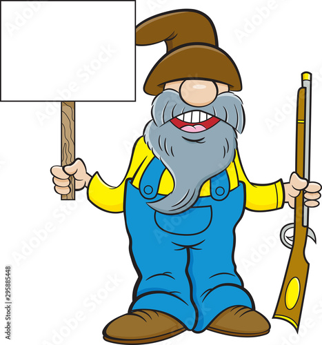 Cartoon illustration of a man with a long beard holding a musket and a sign.