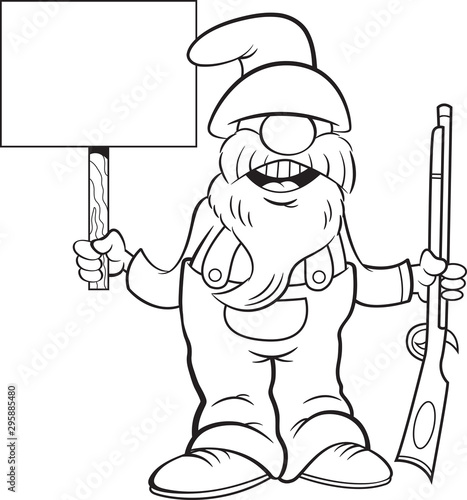 Black and white illustration of a man with a long beard holding a musket and a sign.