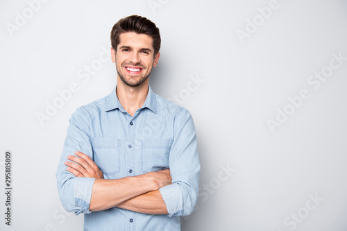Portrait of positive cheerful reliable freelancer feel success in university college education learning real expert wear casual style clothes isolated over grey color background