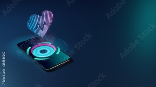 3D rendering neon holographic phone symbol of heartbeat icon on dark background