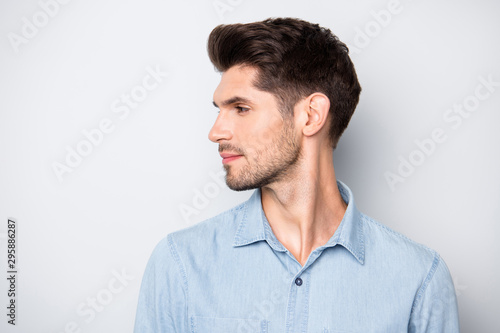 Profile side close up photo of luxury macho man look copyspace feel focused wear casual style clothes isolated over grey color background