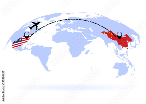 Fototapeta Flight from USA to China above world map