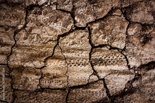 Dry dead cracked and textured surface of soil or ground with cracks in dirt and track or imprint of tires as background view from above