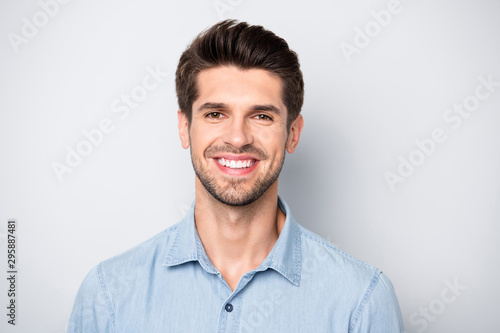 Close up photo of charming guy entrepreneur feel content look listen have fun with his family wear denim jeans clothes isolated over grey color background