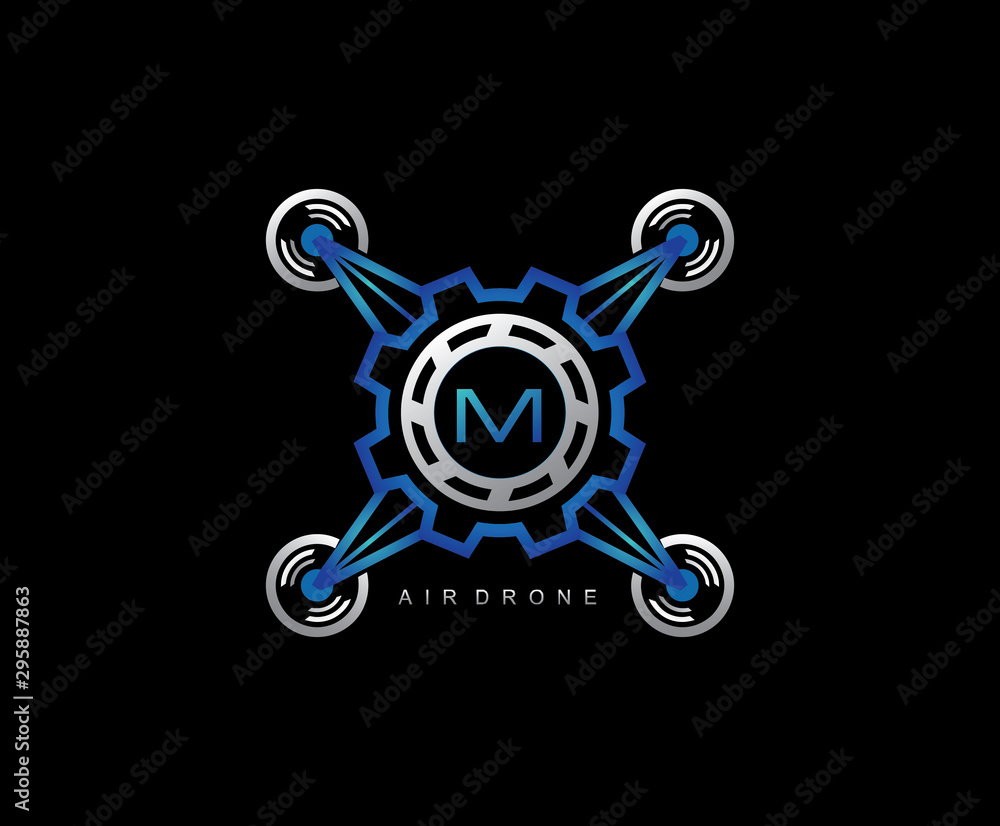 Drone Gear Engineering Letter M Logo Design, Flying Gear Drone Vector Drone Gear Engineering Letter M Logo Design, Flying Gear Drone Vector