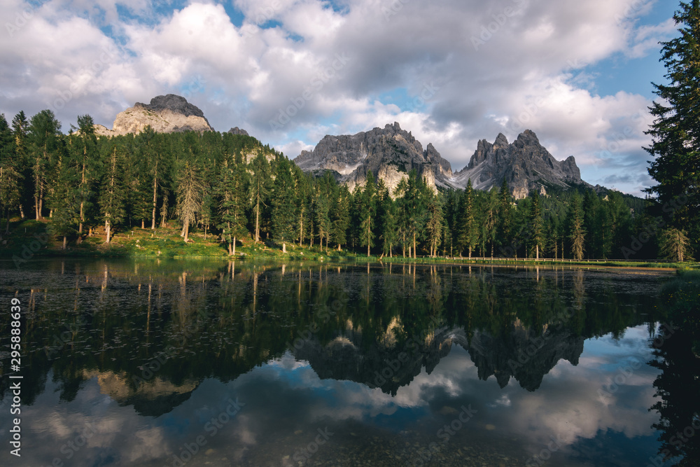 Alpine views at Lago di Antorno lake with the reflections