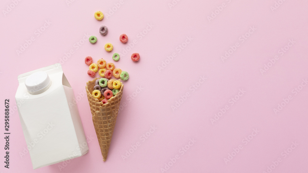 Top view sugar cone and milk with copy space Top view sugar cone and milk with copy space