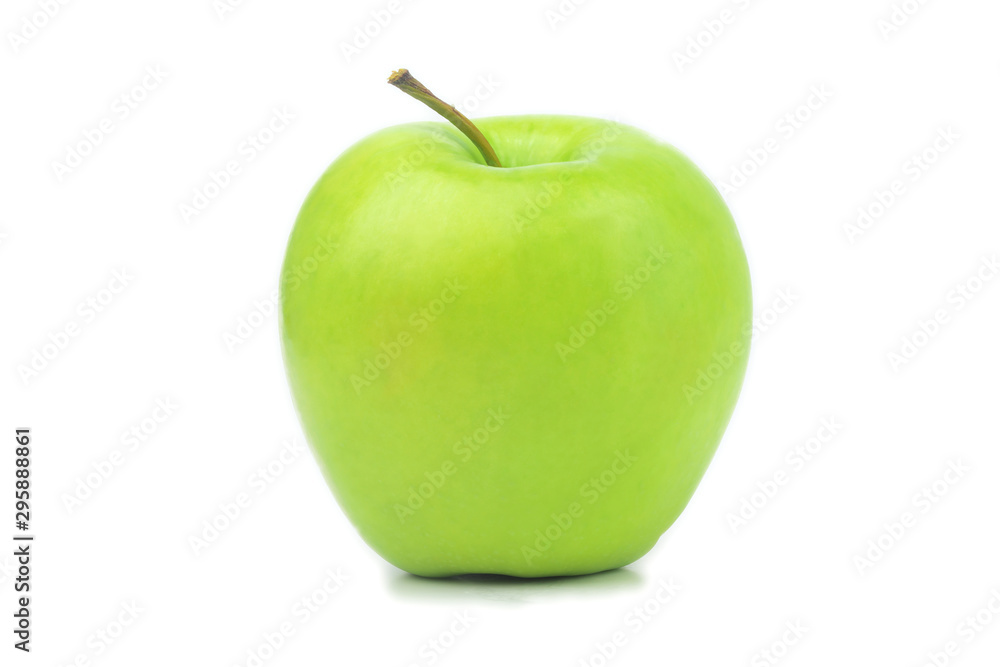 Perfect fresh green apple isolated on white background in full depth of field. Single bio organic healthy fruit food. One bright whole juicy ripe delicious apple closeup. Nature diet concept.