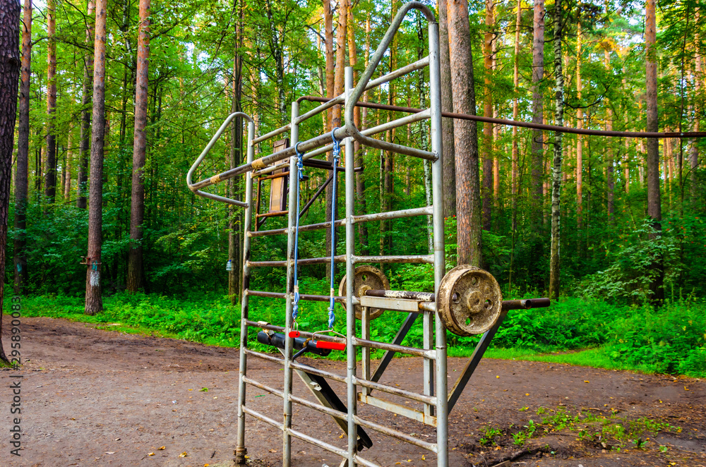 Fototapeta premium Outdoor gym in the woods. Playground on the street.