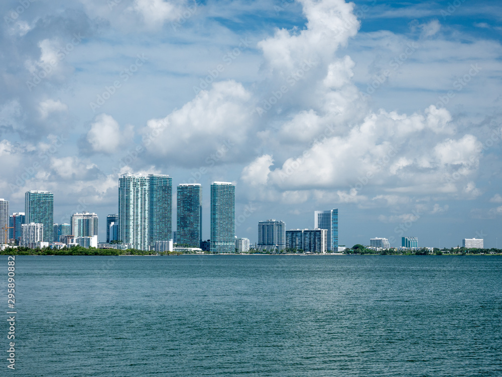 view of Miami downtown skyline at sunny and cloudy day with amazing architecture