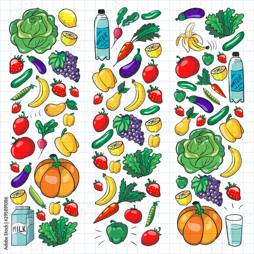 Vector pattern with healthy food. Fruits and vegetables. Milk  dairy products. Pattern for store  mall  menu  cafe  restaurants.
